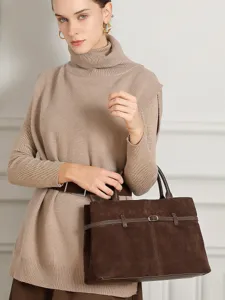 Large suede tote bag for women, genuine leather commuter handbag with soft structured style.