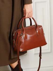 Dames Leer Bowling Tas Vintage Top Handvat Satchel Boston Handtas Casual Crossbody Schouder Kussen Tas