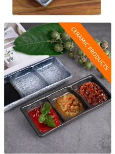 Japanese ceramic partitioned dipping sauce dish, dual and triple grid design for hot pot BBQ.