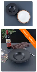 Nordic ceramic straw hat pasta plate detail, retro black and white deep soup dish setting.