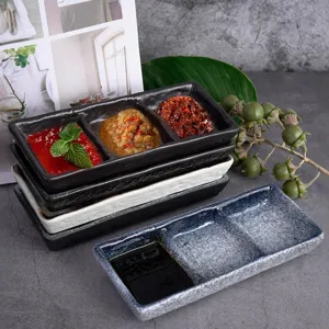 Japanese Style Ceramic Divided Dipping Sauce Dish Rectangular Three Compartment Seasoning Plate For Hot Pot BBQ Tableware