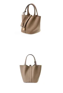 Sac seau en cuir véritable pour femme, sac à main de design classique avec serrure, chic.
