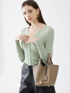 Sac Seau en Cuir Véritable pour Femmes Vintage Sac à Main à Poignée Supérieure Petit Couleur Unie Décontracté Fermeture à Verrou