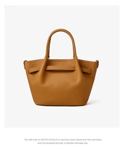 Elegante borsa a secchiello in vera pelle marrone con manici e dettagli di design chic.