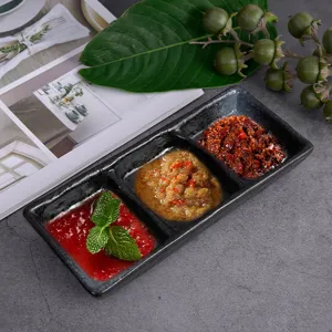 Japanese style ceramic divided dipping sauce dish, 3 compartments black snack bowl for kitchen