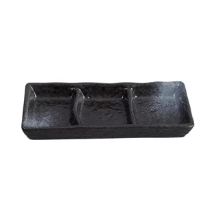 Japanese style ceramic three compartment dipping dish for hot pot, BBQ and snacks, black.