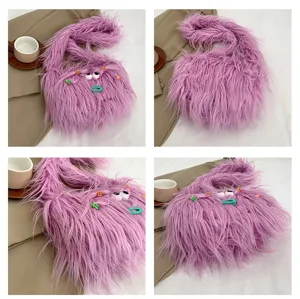 Winter flauschige zottelige Umhängetasche süße lila Plüschtasche mit lustigen Augen und Clips