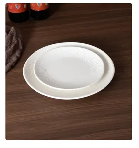 Japanese style ceramic shallow dinner plates with elegant ribbed design, simple white tableware set.