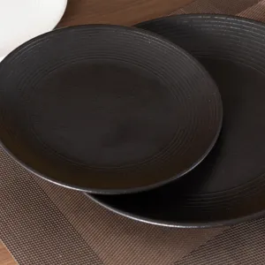 Japanese style ceramic shallow dinner plate, textured threaded design for steak and pasta.