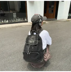 Vintage washed denim canvas backpack for women, casual large capacity vintage school bag daily.
