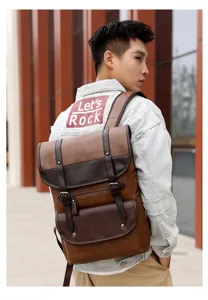 Mochila de cuero vintage para hombre, elegante bolsa de viaje para ordenador con gran.