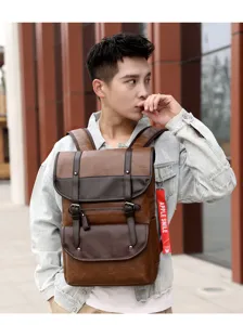 Mochila vintage de cuero marrón para hombre gran capacidad viaje negocios casual