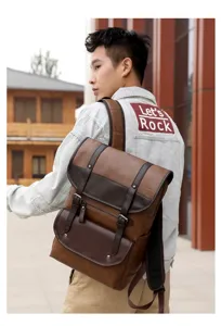 Mochila vintage de cuero PU marrón para hombre, con hebillas dobles y gran capacidad.