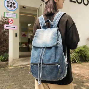 Retro Casual Denim Backpack For Women Solid Color Large Capacity Rucksack Urban Minimalist Washed Distressed Travel School Bag