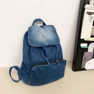 Vintage denim backpack for women, casual solid color large capacity travel book bag.