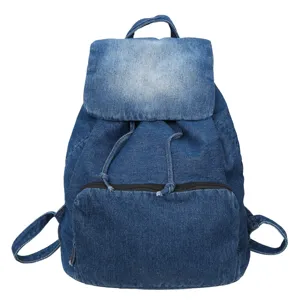 Vintage denim backpack for women, casual solid color large capacity school book bag daily use.