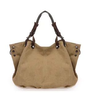 Large Capacity Canvas Tote Bag For Women Retro Casual Shoulder Bag With Leather Handles Multi-Pocket Crossbody Handbag
