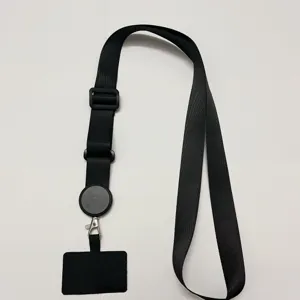 Lanière de téléphone noire réglable avec enrouleur pour badge et sangle de cou polyvalente.