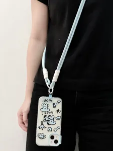Custodia per telefono trasparente con tracolla azzurra e dettaglio con motivo di cucciolo.