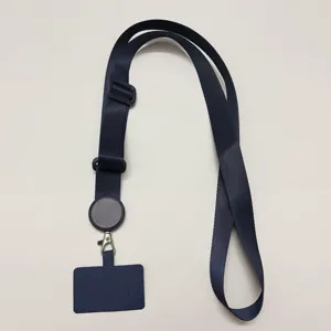 Sangle de cou pour téléphone portable bleu foncé réglable avec enrouleur et crochet robuste.