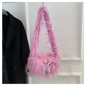 Süße rosa flauschige Monster Umhängetasche mit lustigen Augen, Plüsch Winter Handtasche.