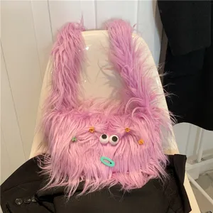 Süße rosa flauschige Plüsch Umhängetasche mit witzigen Augen, trendige Wintertasche.