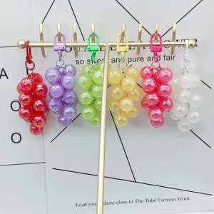 Acrylic AB color grape keychain charm set, vibrant multi-color fruit pendant for car keys and bags.