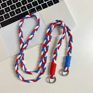 Laniere de telephone tressee rouge blanc bleu bandouliere pour mobile avec anneaux