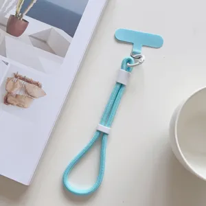 Corta correa de muñeca para teléfono azul estilo ins cordón tejido con junta y gancho de metal.