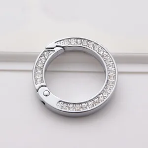 Porte-clés anneau ressort en métal strass étincelant, mousqueton rond argenté pour clés de voiture.