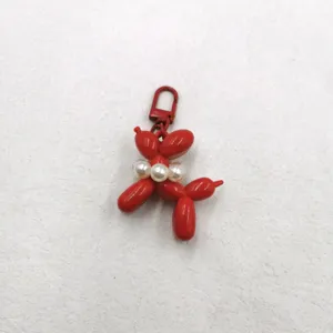 Red acrylic balloon dog keychain with pearl necklace pendant cute bag charm accessory 1pc