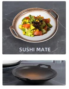 Japanese ceramic double ear baking plate detail view for restaurant and kitchen use.