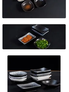 Japanische Keramik-Dipschale, Sojasaucen-Viereckteller, Restaurant-Geschirr Detailansicht.