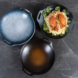 Japanese ceramic double-handled baking pan, heat-resistant round restaurant dry pot tableware.