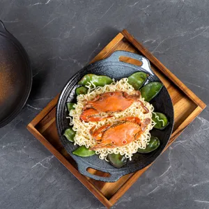 Japanese ceramic double handle baking pan restaurant food presentation tray round plate