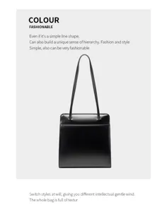 Elegant black leather shoulder tote bag with simple lines and long straps for women.