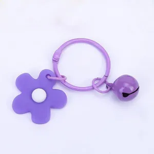 Purple flower metal bell keychain cute PVC charm for bag pendant phone case accessory DIY item