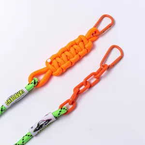 Trendy DIY paracord lanyard with neon green rope orange chain and carabiner for phone bag.