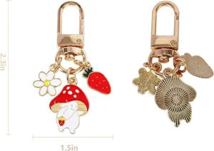 Cute mushroom keychain with flower and strawberry pendants gold metal bag charm gift for women
