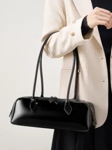 Borsa a spalla elegante in pelle nera da donna borsa baguette minimalista casual chic