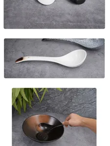 Detailed view of Japanese ceramic soup spoons and bowls, featuring long handles and glazed finishes.