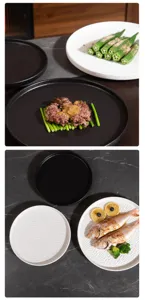 Detail shot of Japanese rock textured ceramic dinner plate for steak salad and pastries.