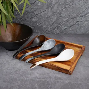 Japanese ceramic soup spoon set, long handle porcelain spoons for ramen and hotpot.