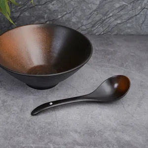 Japanese ceramic ramen bowl and long handle soup spoon set with vintage dark brown glaze.