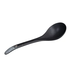 Japanese style ceramic soup spoon, black long handle ramen spoon for home restaurant use.