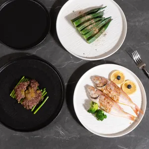 Japanese style rock texture ceramic dinner plate set for steak, salad and dessert.