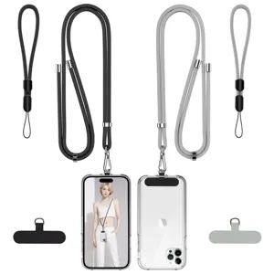 Detailed view of universal phone lanyard strap set with crossbody rope, wrist loop and tabs.