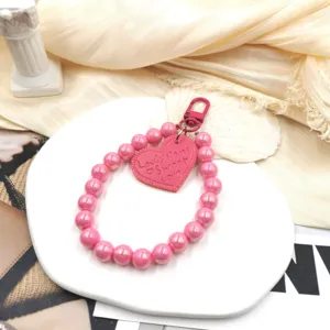 Pink pearl beaded phone charm keychain cute heart pendant mobile strap wrist lanyard accessory