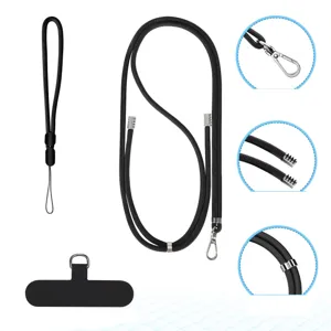 Universal black phone lanyard cross-body strap and wrist set with metal hardware details.