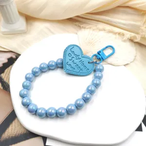 Candy color blue bead bracelet keychain with love heart pendant for stylish mobile phone cases